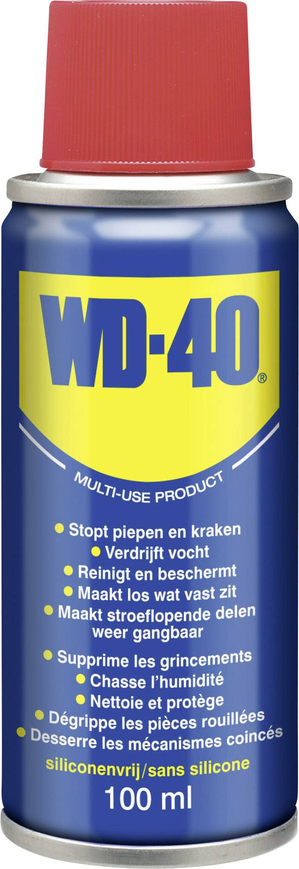 WD-40 multifunctioneel product 100 ml met rode dop. Biedt bescherming tegen roest, verhelpt piepen en maakt het losmaken van vastgezeten onderdelen gemakkelijker.