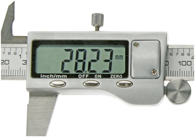 Digitale schuifmaat toont '28,23 mm' op het display.