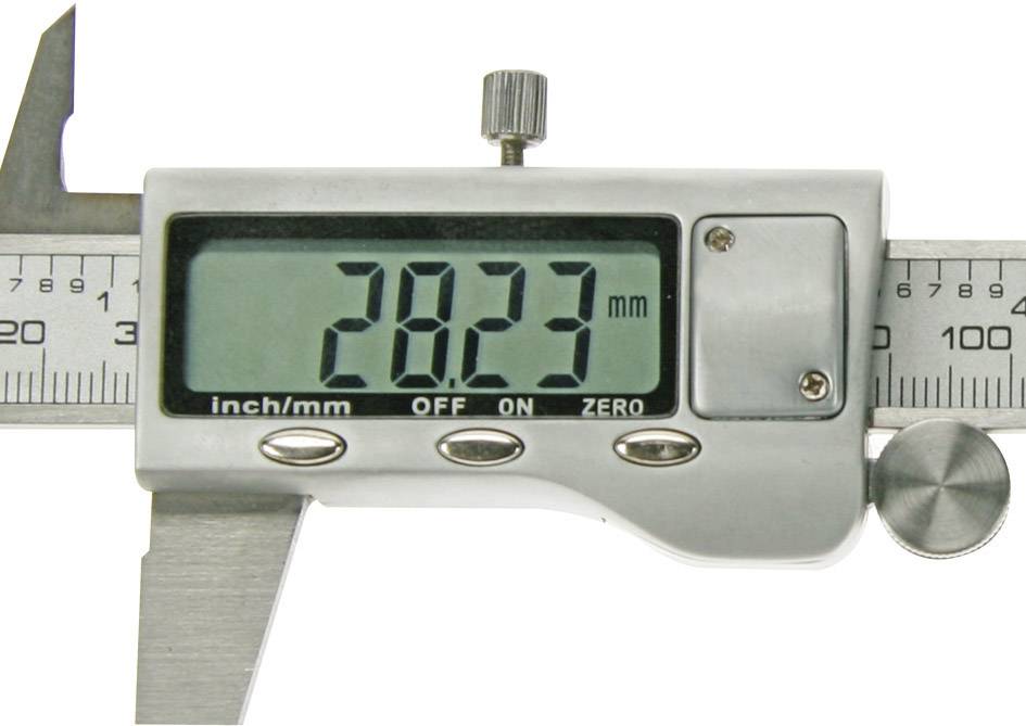 Een digitale schuifmaat geeft een lengte van 28,23 mm aan.