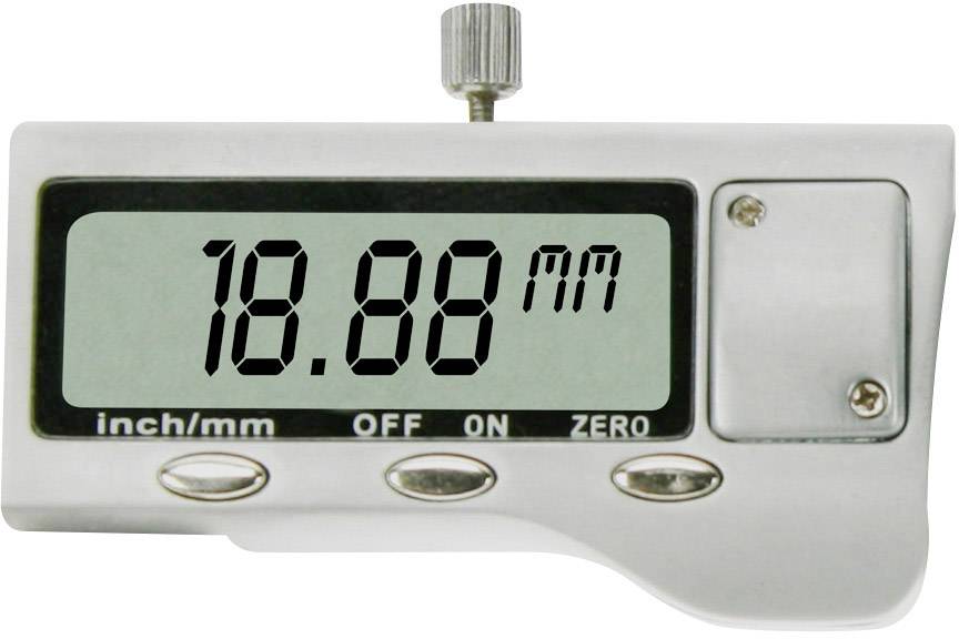 Digitale schuifmaat toont '18,88 mm' op het display. Knoppen aanwezig voor conversie tussen inches en millimeters, evenals voor in-/uitschakelen.