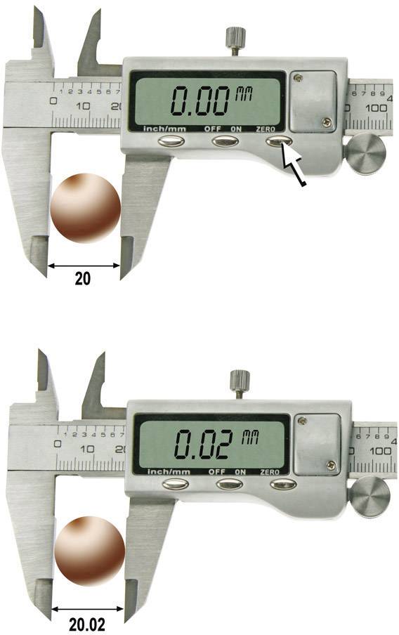 'Een schuifmaat toont tweemaal de diameter van een kogel: Boven met 0,00 mm en beneden met 20,02 mm.'