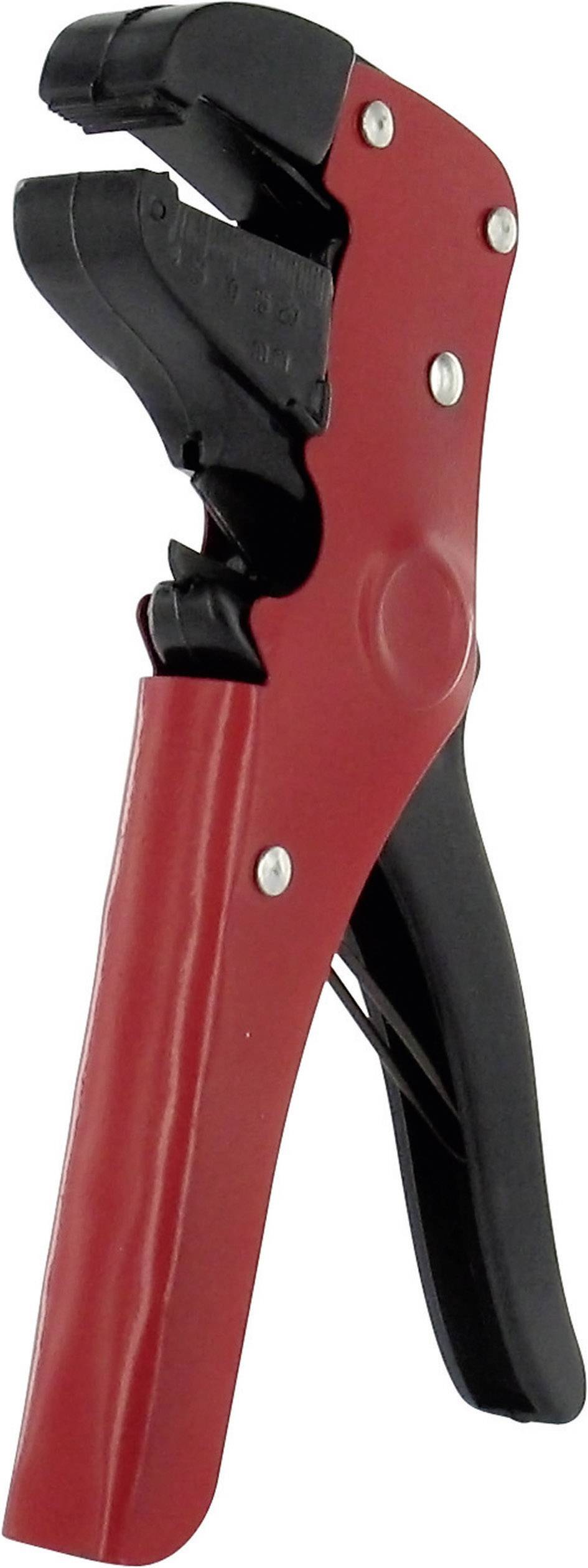 Een rode striptang met zwarte handgreep en snijmechanisme, gebruikt voor het verwijderen van isolatie van draden.