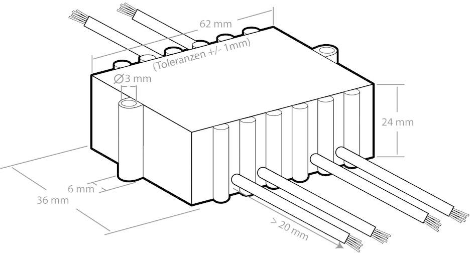 Technische tekening van een rechthoekig elektrisch onderdeel met afmetingen: 62 mm breedte, 36 mm diepte, 24 mm hoogte, kabelaansluitingen.