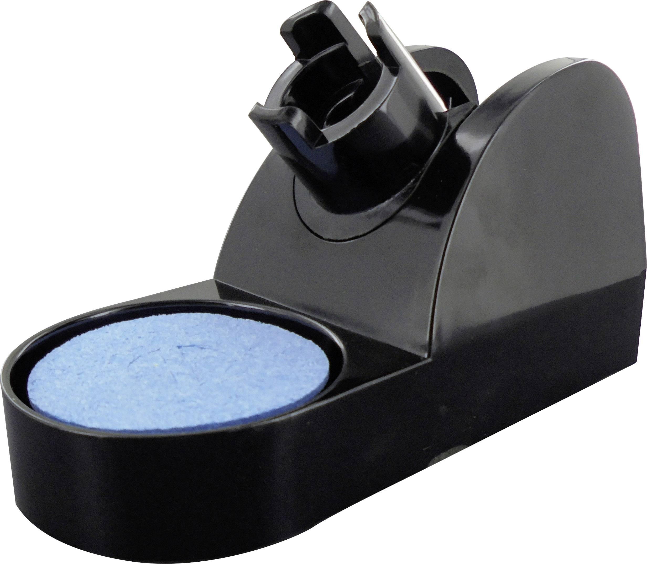 Zwarte container met blauwe ronde schijf, mogelijk bedoeld voor waterbehandeling in toiletspoeling.