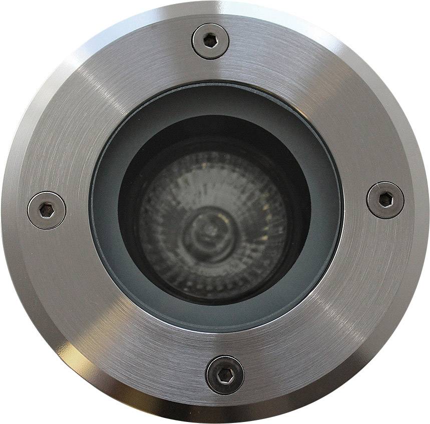 Ronde, zilveren plafondlamp met zichtbare gloeilamp in het midden, omgeven door vier schroeven.