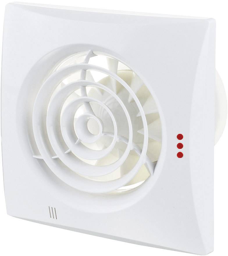 Een witte afzuigventilator met een rond rooster en drie rode LED-indicatoren aan de zijkant.