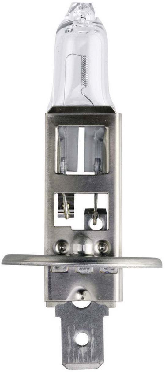 Een halogeenlamp met metalen behuizing, vaak gebruikt in voertuigkoplampen, geïsoleerd op een witte achtergrond.