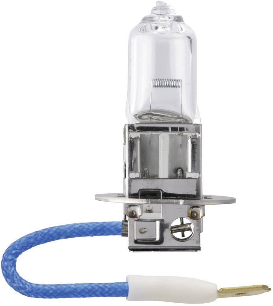 Een halogeenlamp met een blauwe voedingskabel en metalen stekker, gebruikt in voertuigverlichting.
