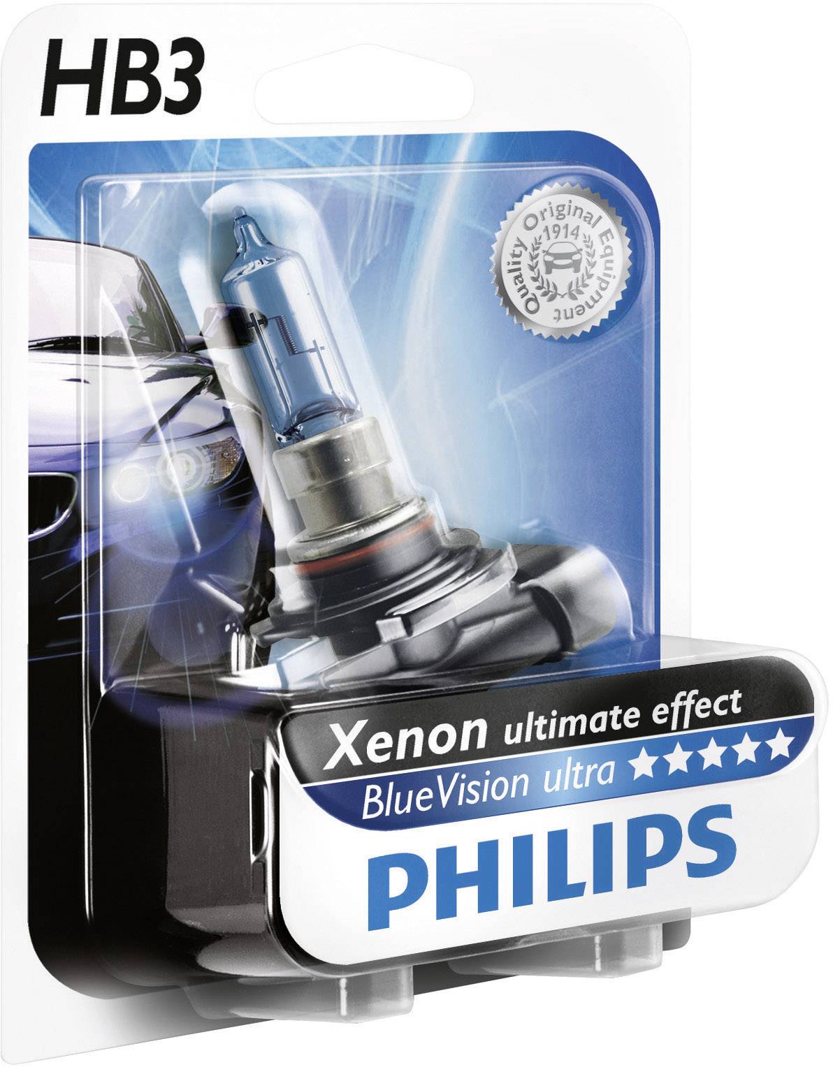 'Philips BlueVision Ultra HB3 Xenon-effect Autolamp' in verpakking. Reclamefoto toont een close-up van de lamp.