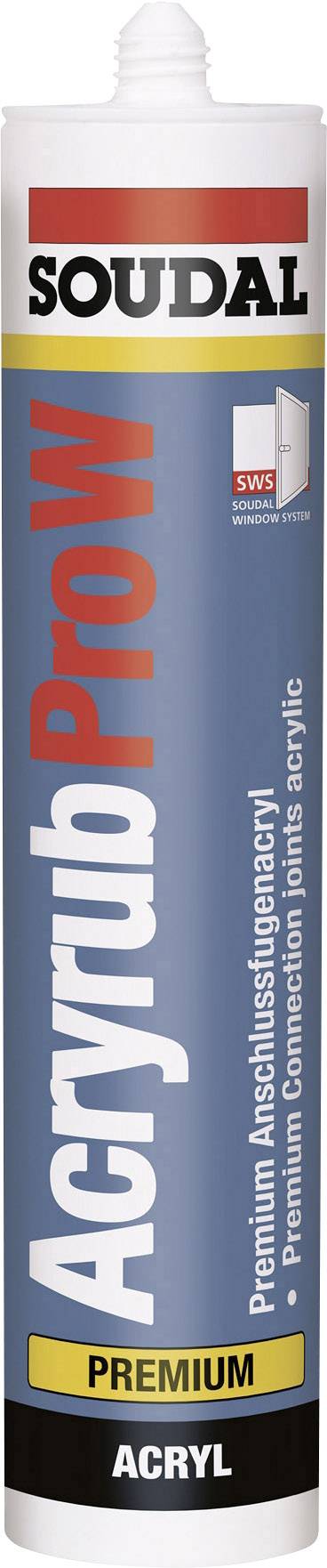 Koker met afdichtingsmiddel, 'Acryl ProW' van Soudal. Opschrift 'Premium Acryl Dichtstof'. Geschikt voor voegen in binnenruimtes.