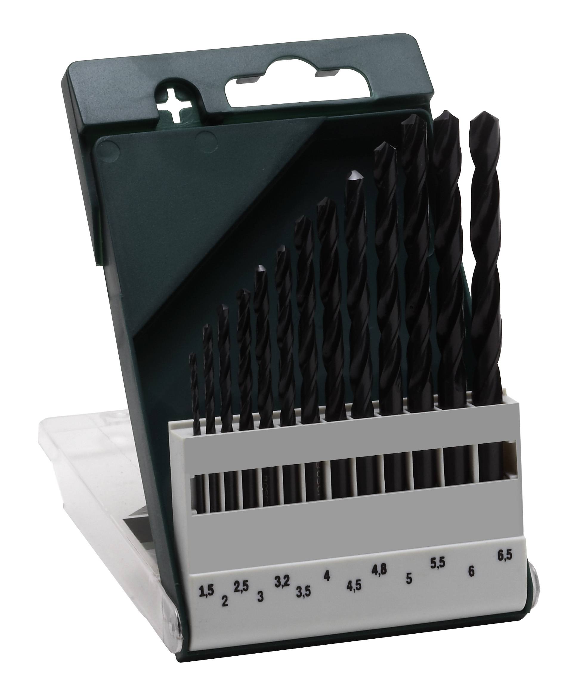 Een set metalen boren in verschillende maten, gerangschikt in een groene houder, van 1,5 mm tot 6,5 mm.