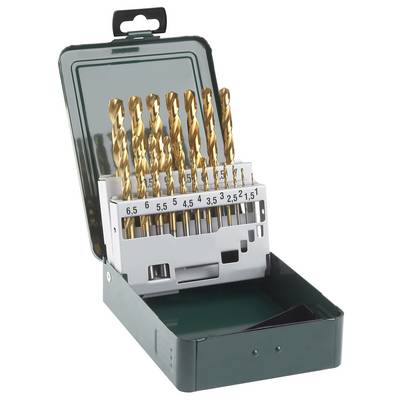 Boorset in een open, groene metalen koffer. Verschillende boorafmetingen (1,5 tot 6,5 mm) zijn netjes gerangschikt.