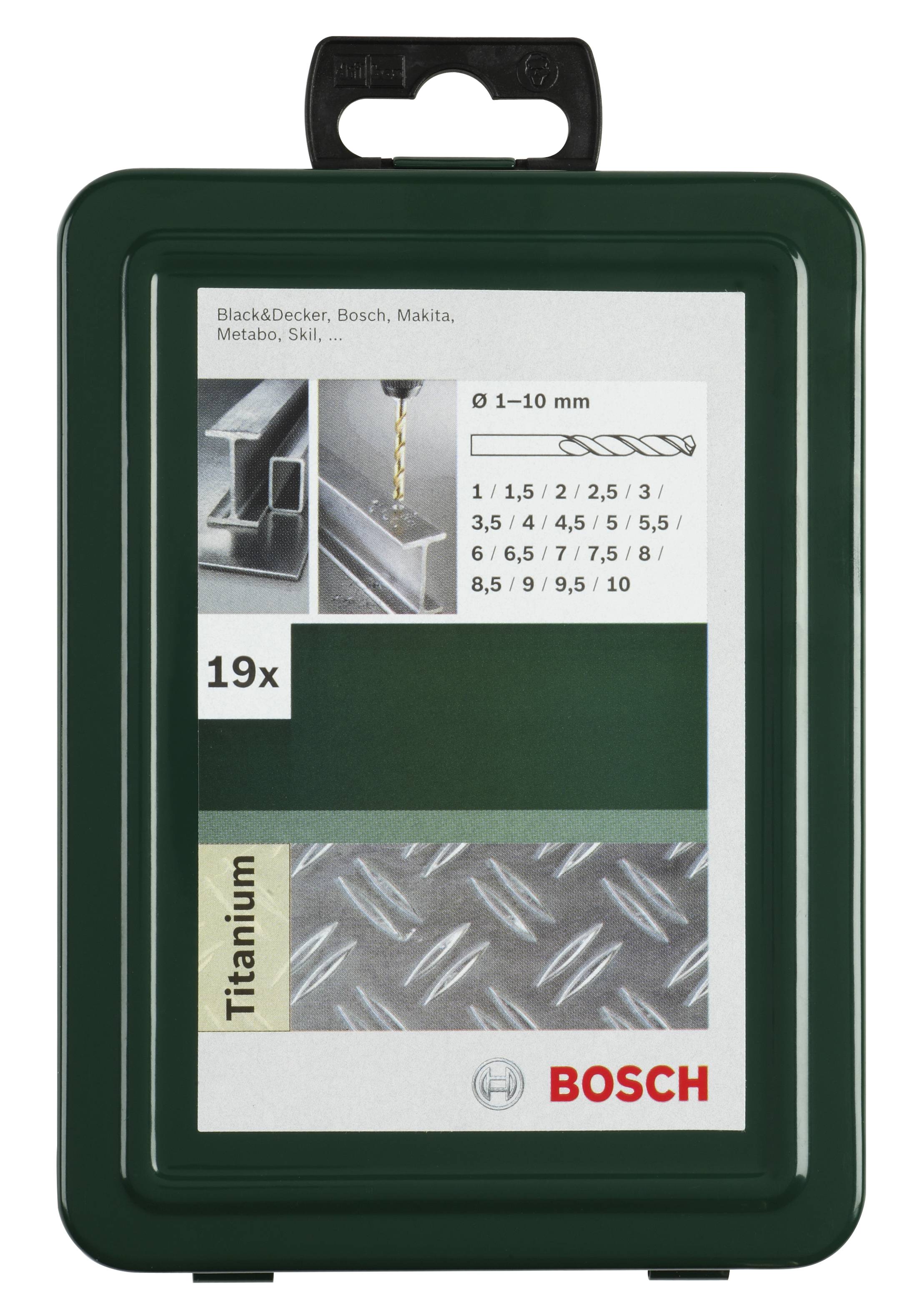 'Bosch Titanium-Boorset, 19-delig, voor metaalbewerking, diameter 0-10 mm. Afgebeeld: Toepassingsmogelijkheden, verpakking.'