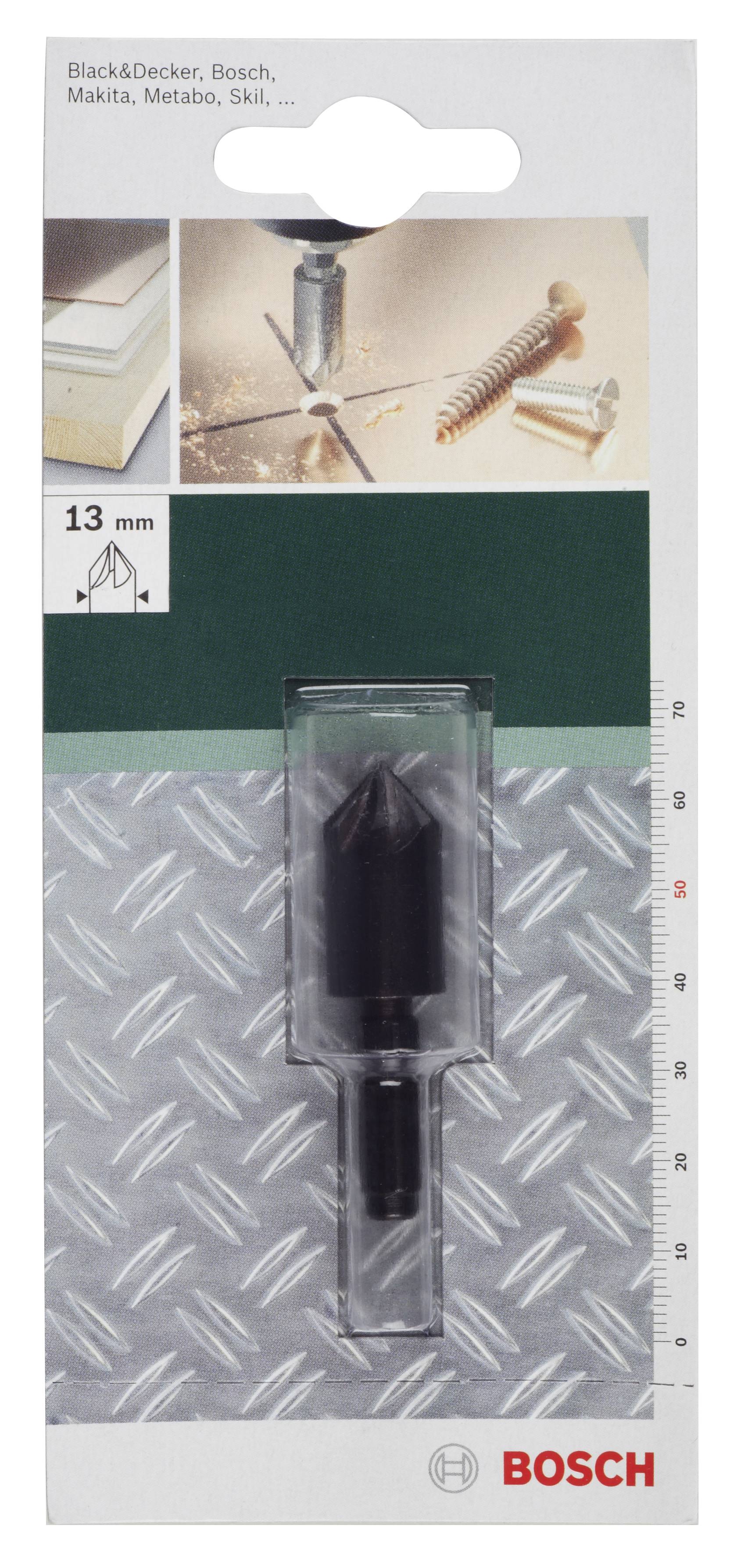 Packaging for a 13 mm drill bit, compatible with brands such as Black&Decker, Bosch, Makita. Drill bit and screws are shown in the image.