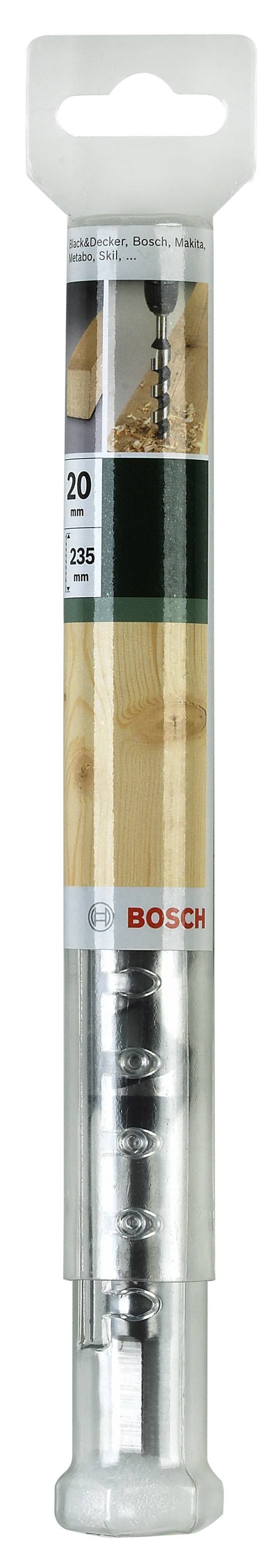 Een Bosch-boortoestel in een transparante kunststof verpakking met productinformatie en logo duidelijk zichtbaar.