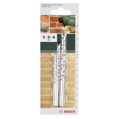 'Bosch' merkenborenset toont drie steenboren met maten van 5, 6 en 8 mm, geschikt voor metselwerk. Verpakking toont toepassingsvoorbeeld.