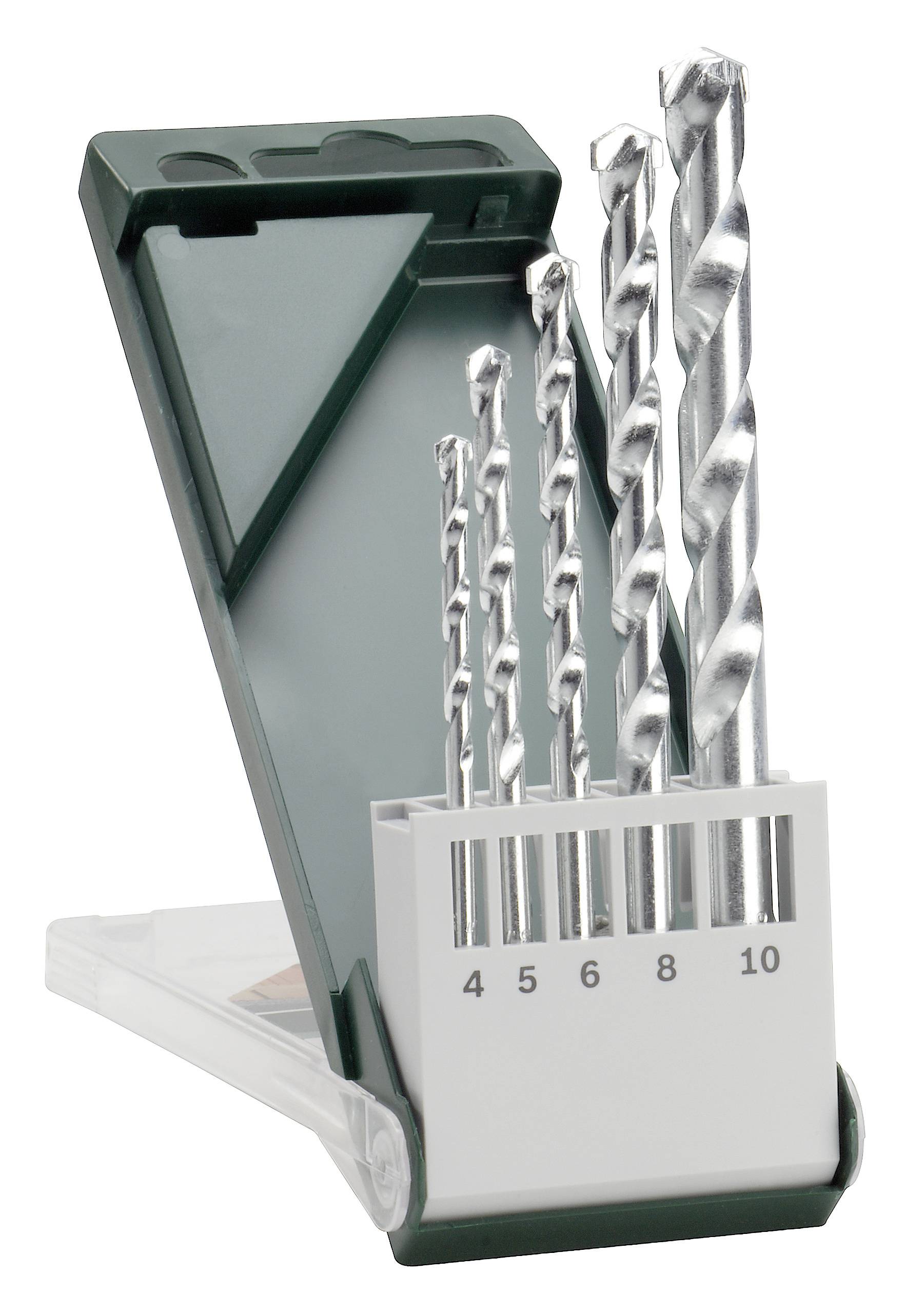 Set van vijf zilveren boren in verschillende maten (4, 5, 6, 8, 10 mm) in een open groene etui, opgesteld in oplopende grootte.