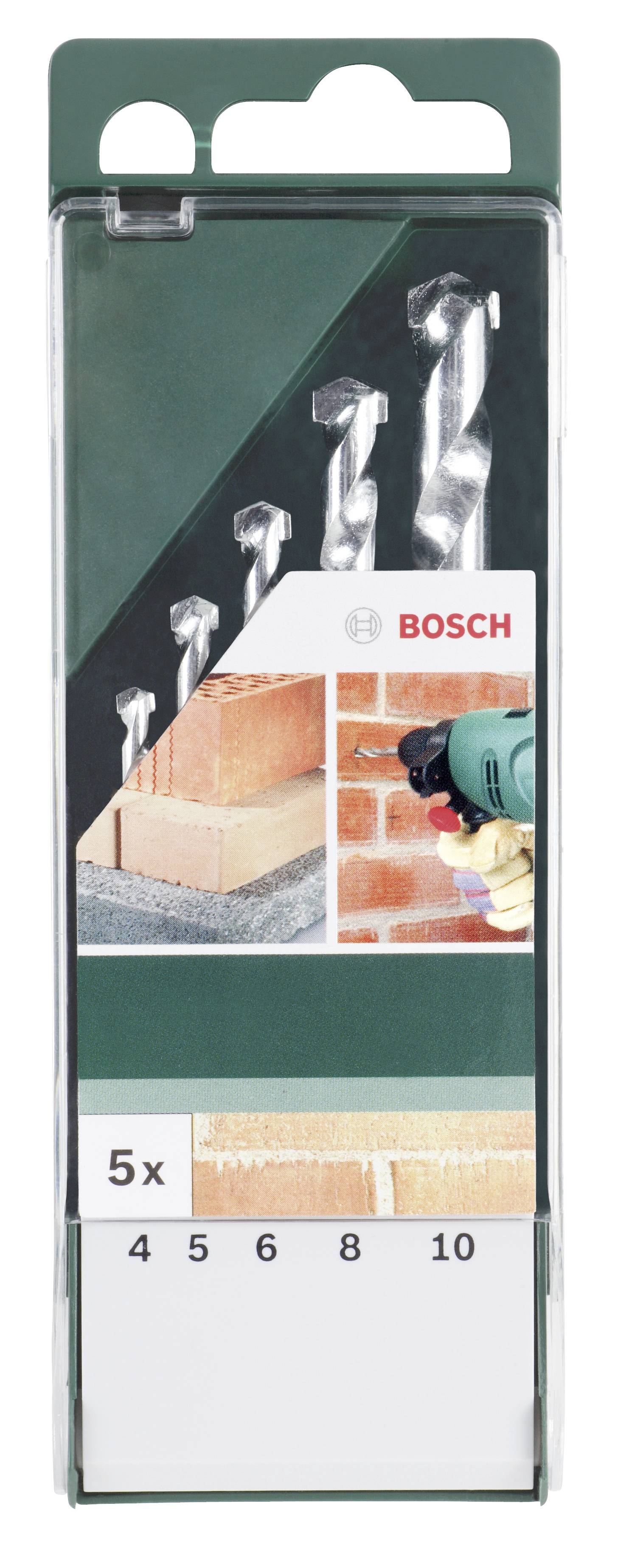 'Bosch' boorset met vijf betonboren in verschillende maten: 4, 5, 6, 8, 10 mm. Geschikt voor metselwerk en beton.