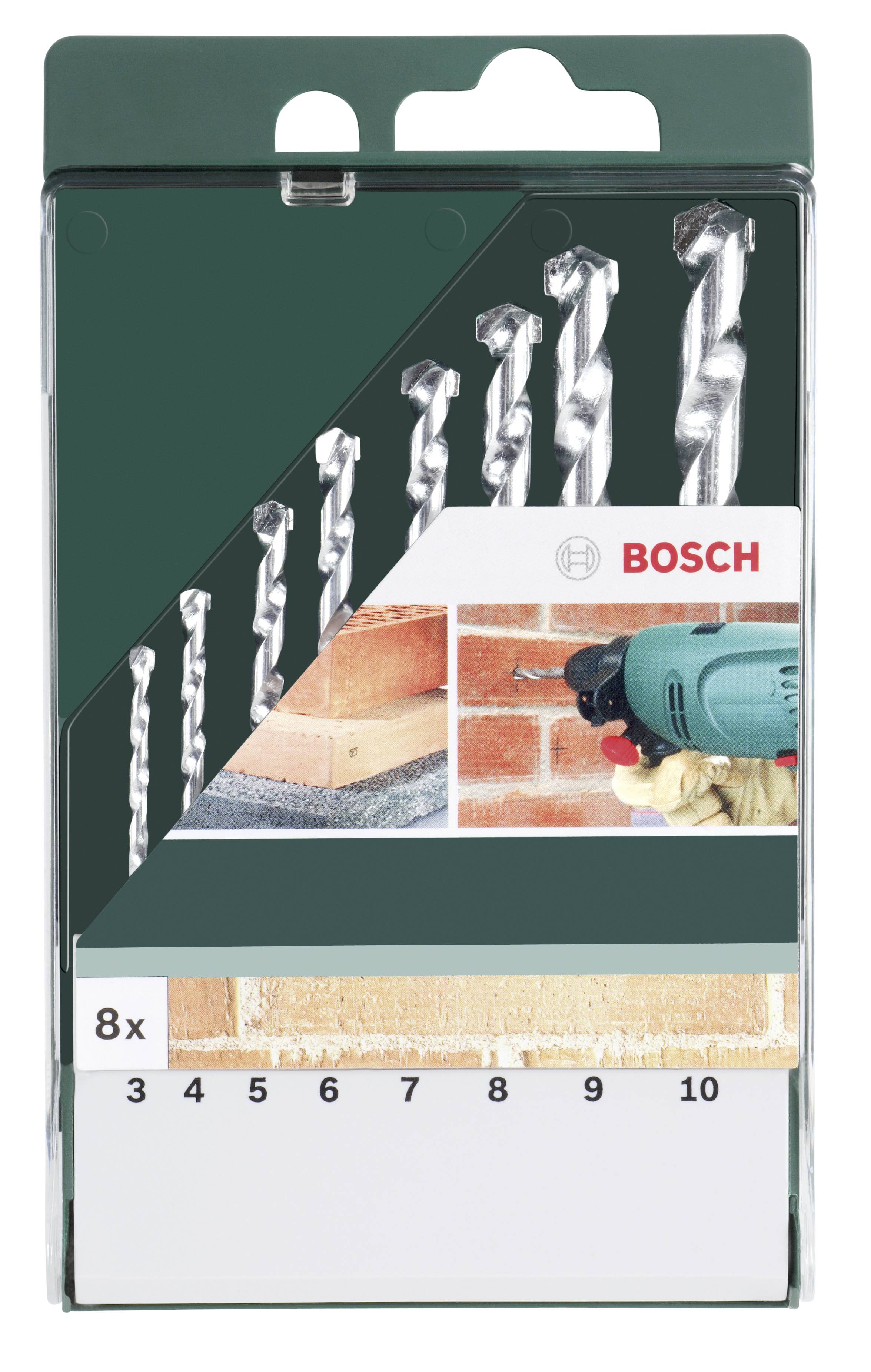 Verpakking met acht Bosch-boren in verschillende maten, geschikt voor werkzaamheden op metselwerk, afgebeeld met een boor en een bakstenen muur.