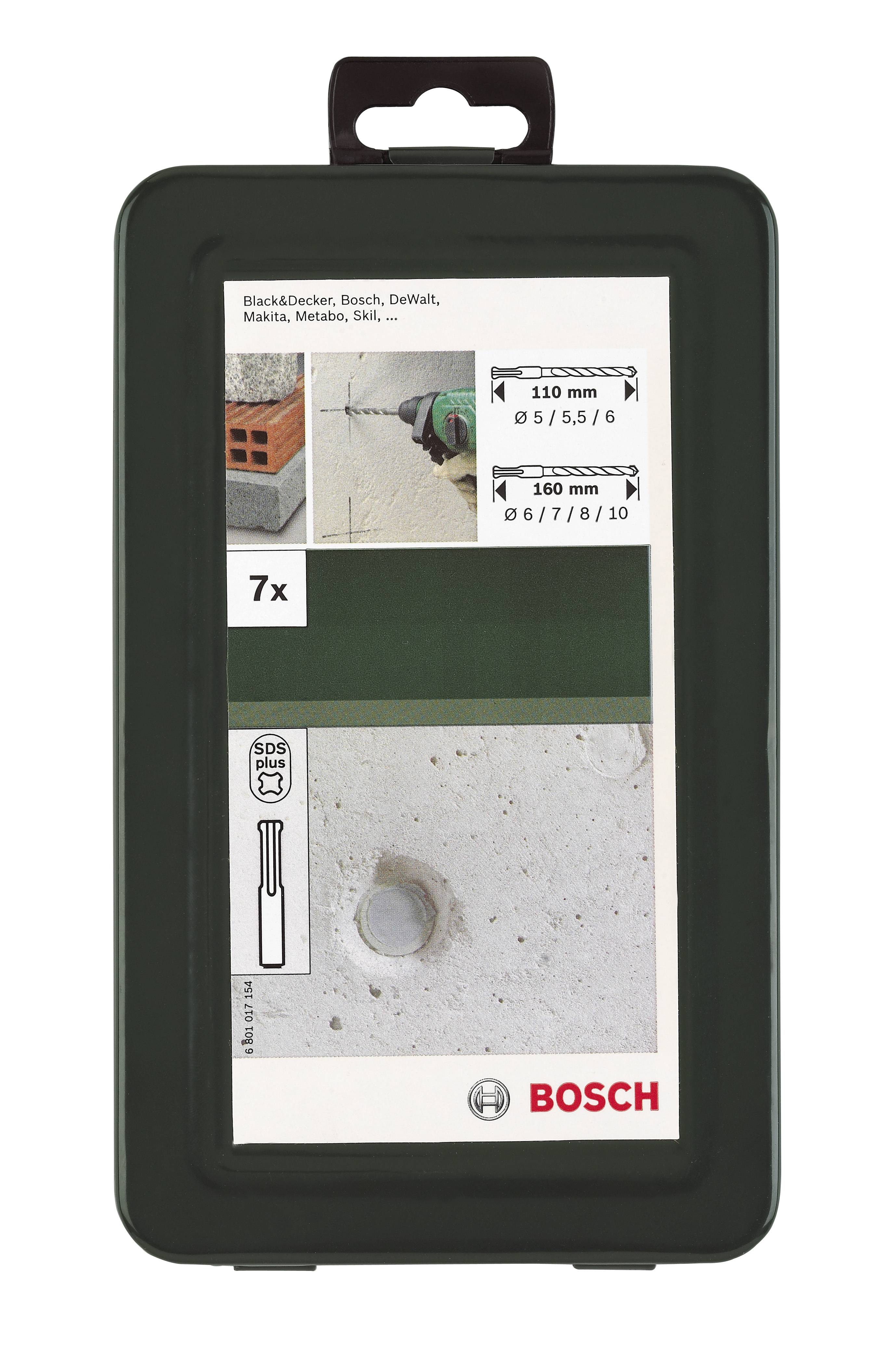 Bosch boorset-etui met 7 boren, inclusief afbeelding van een boor in gebruik, geschikt voor verschillende materialen.