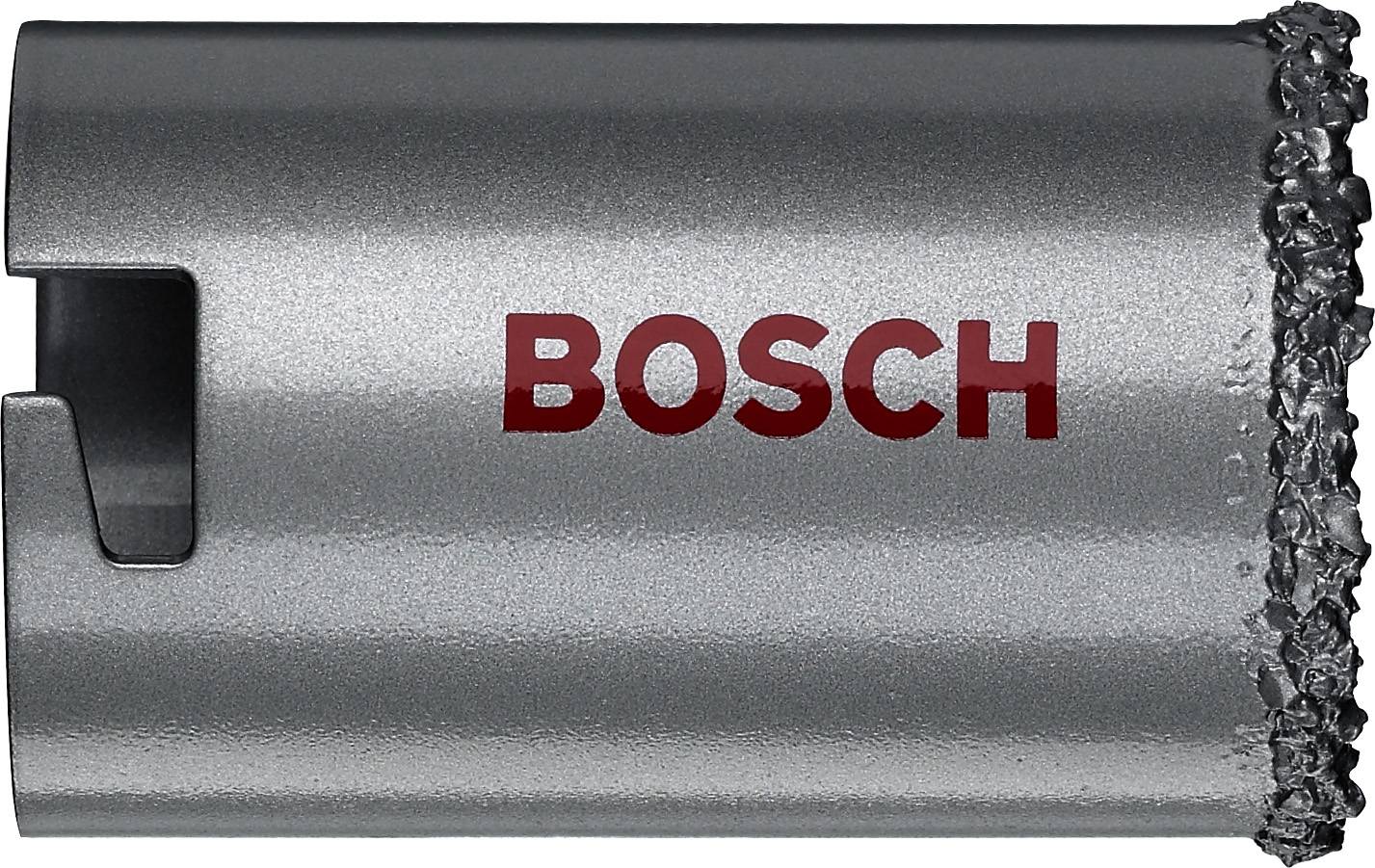 Grijze, metalen boor met gezaagde rand, merk 'Bosch' in rode letters aan de zijkant.