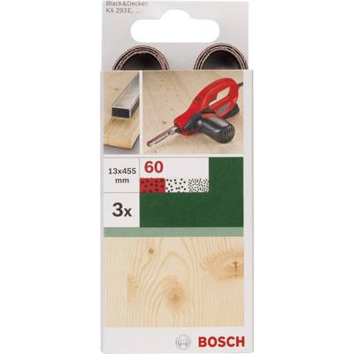'Bosch schuurpapier, 13x455 mm, korrelgrootte 60, 3 stuks.' Afbeelding toont rode handschuurhulp en toepassingsvoorbeelden op hout en metaal.
