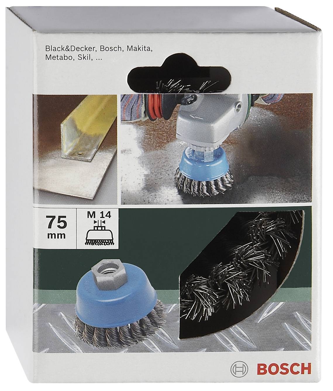 'Stalen borstel 75 mm voor haakse slijper, geschikt voor metaalreiniging en roestverwijdering.'