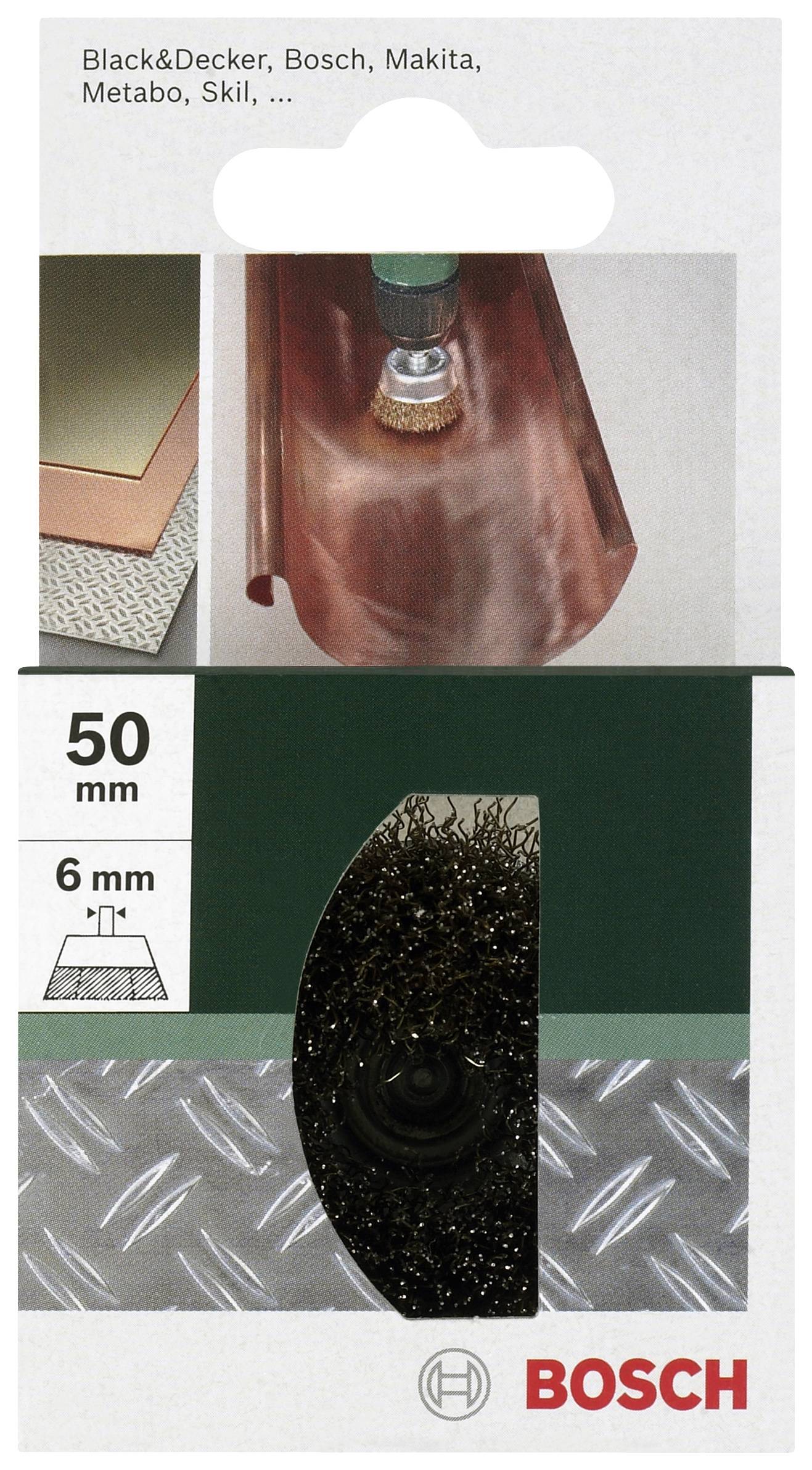 'Bosch staalborstel, 50 mm diameter, 6 mm schacht, geschikt voor metaalbewerkingen.'
