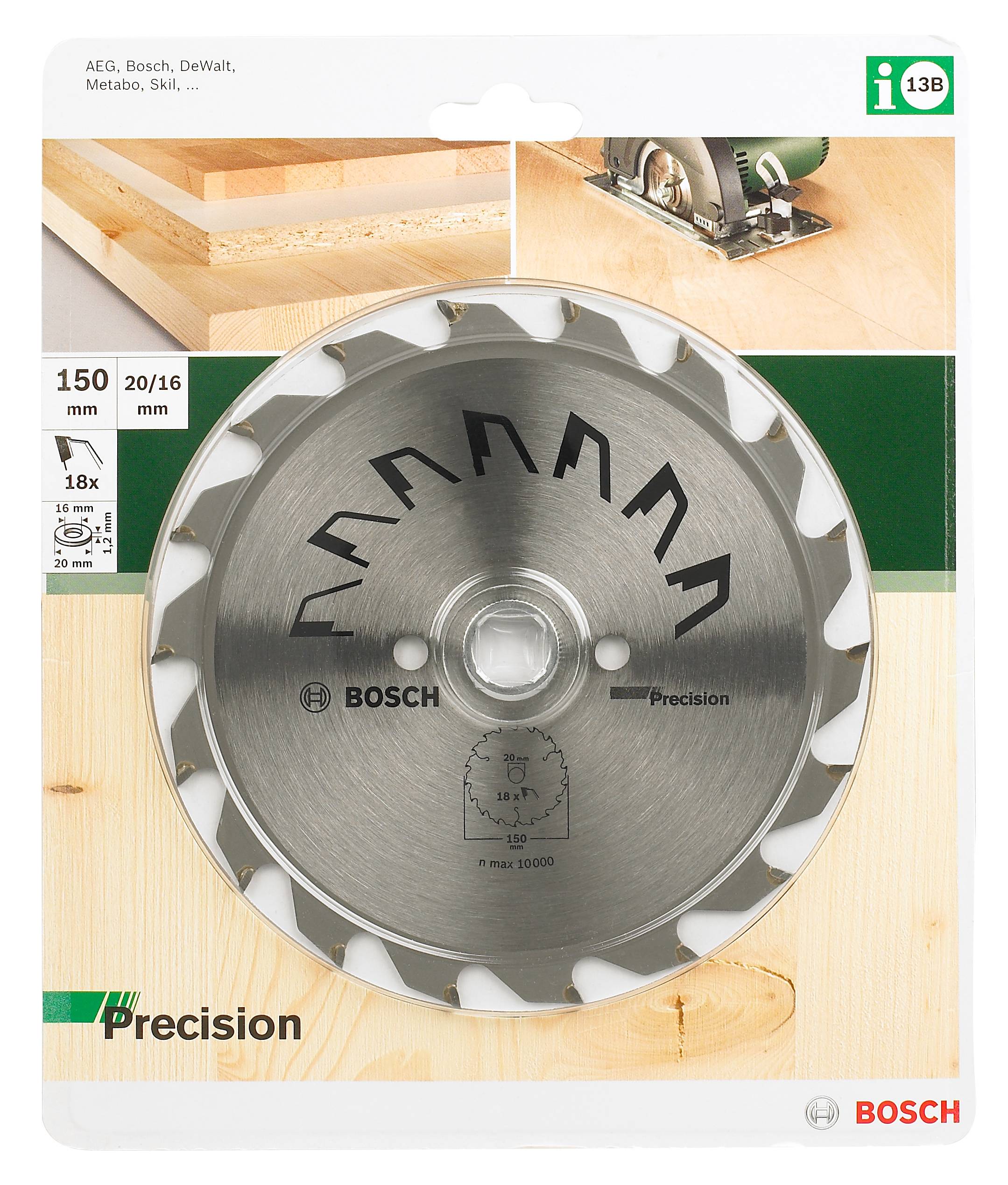 Zaagblad voor hout, 150 mm diameter, precisiezagen. Verpakking toont een tafelzaag in actie. Bosch-merkenlogo.