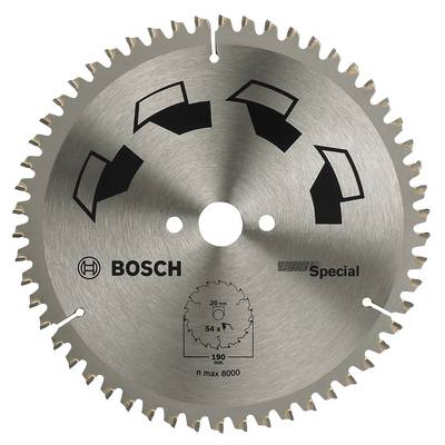 Cirkelzaagblad met metalen tanden, Bosch-logo en opdruk 'Special'. Markeringen geven maximale toerental en diameter aan.