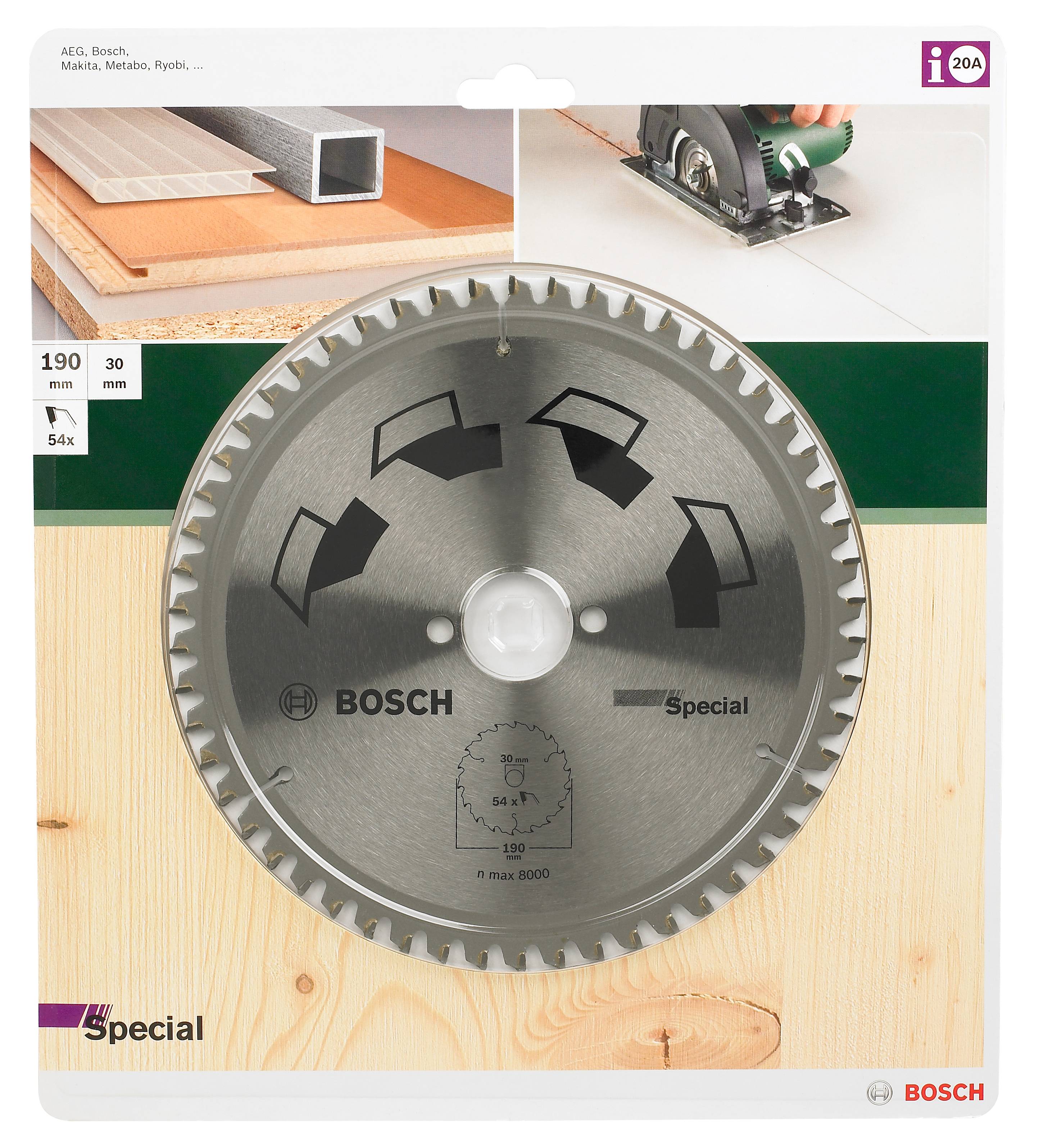 Cirkelzaagblad voor houtbewerking, merk Bosch, diameter 190 mm, 30 mm asgat, 54 tanden, geschikt voor AEG, Makita, Metabo.