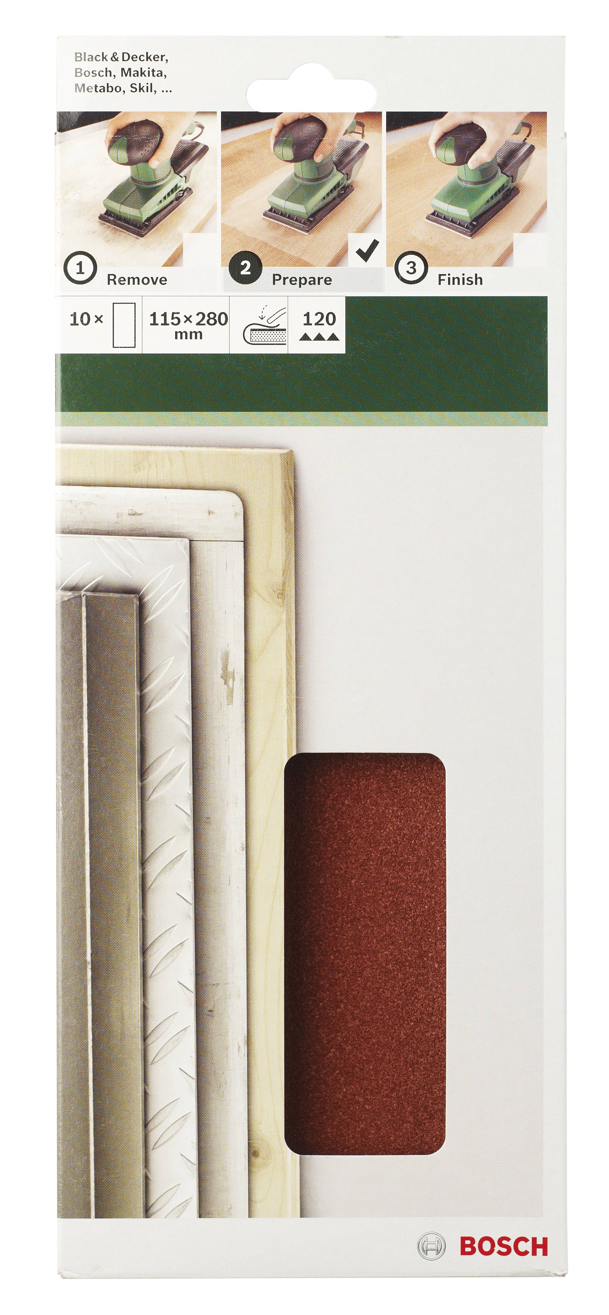 'Bosch schuurpapier-set. Instructie in drie stappen: 1. Verwijderen, 2. Voorbereiden, 3. Voltooien. Bevat 10 vellen, 115x280 mm, korrelgrootte 120. Geschikt voor hout- en metaaloppervlakken.'