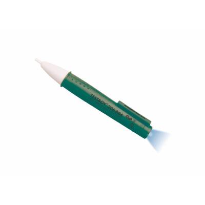 Elektronische leidingzoeker met een groen behuizing, een witte punt en een blauw licht aan de achterzijde.