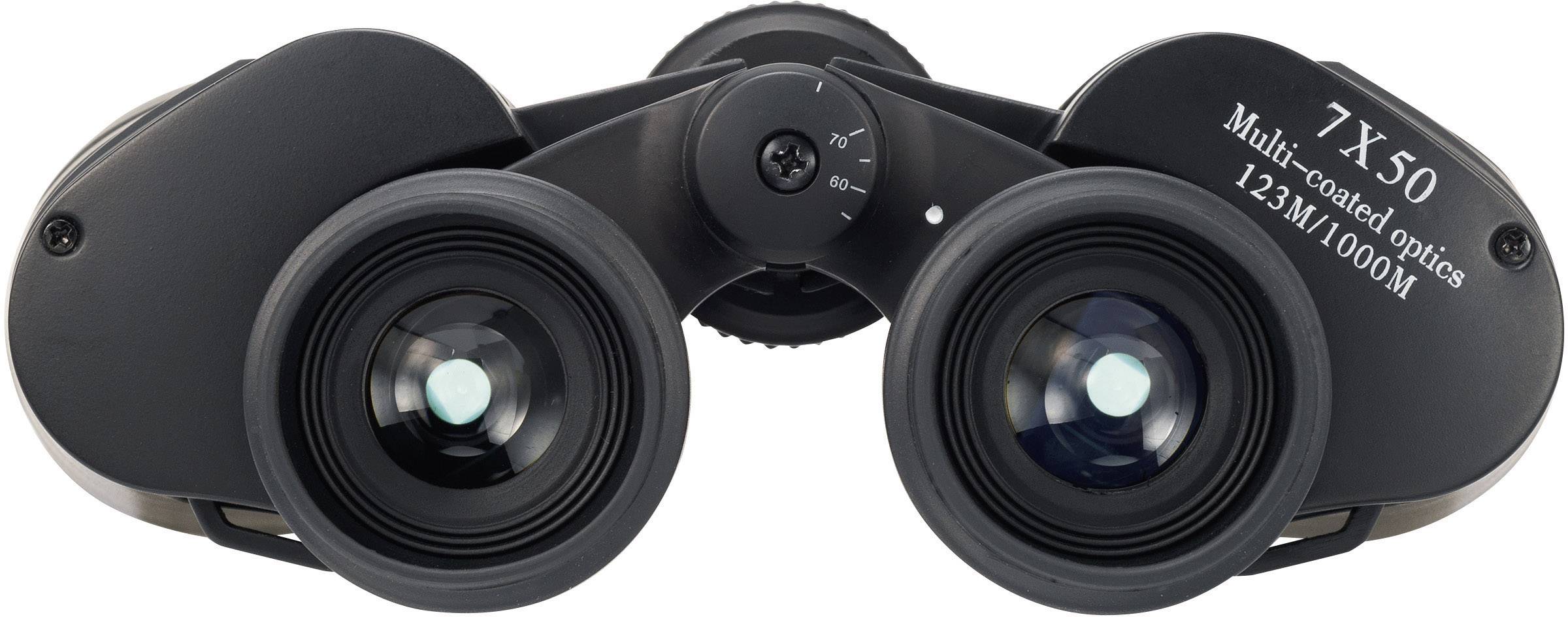 Verrekijker met opschrift '7x50 Multi-gecoate optieken 123M/1000M', toont een vergroting en lichtdoorlaatbaarheid voor verre zicht.