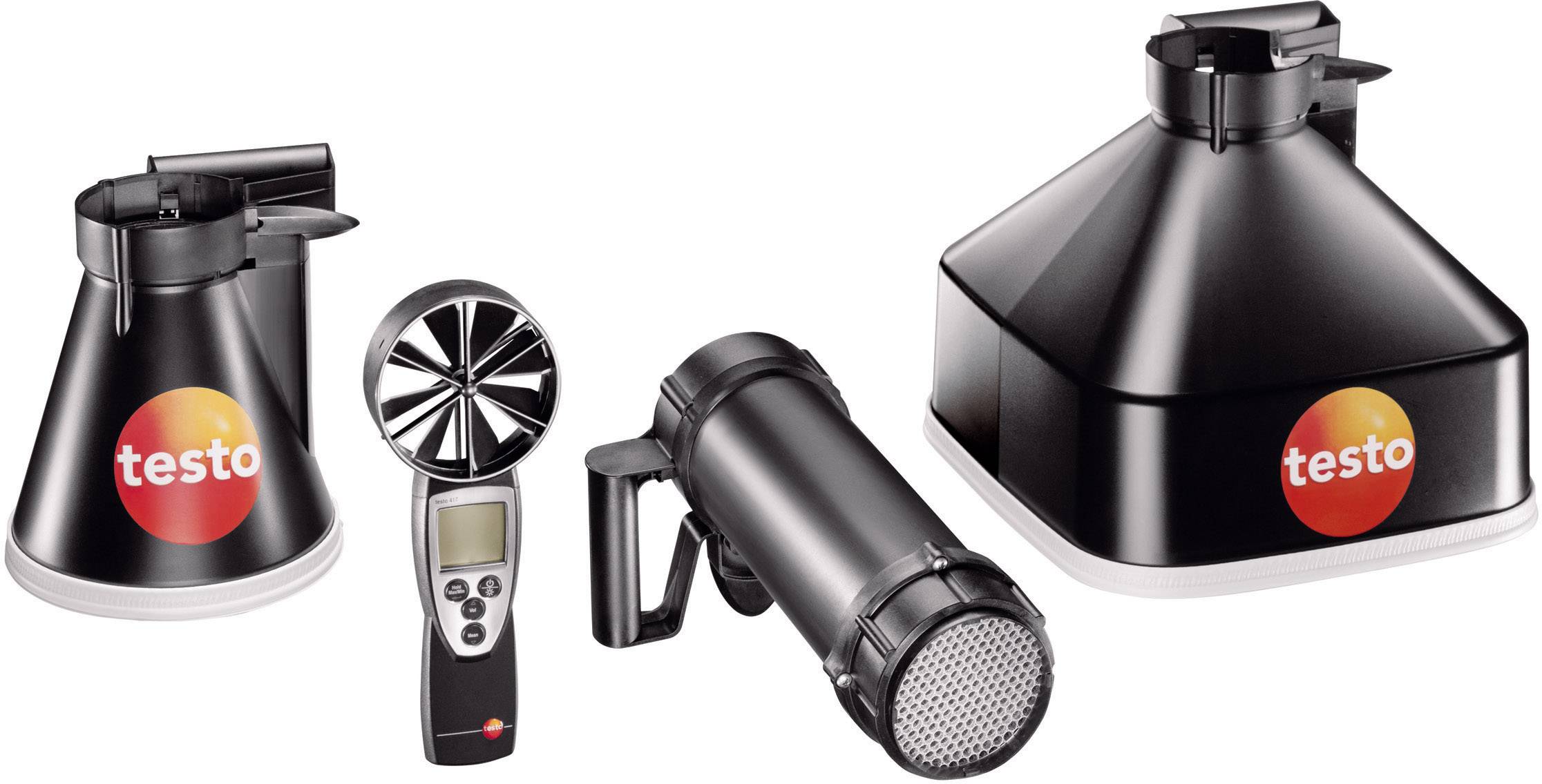 Luchtstroom-meetapparaat-set met Testo-logo, bestaande uit twee trechters, een schoepenwiel-anemometer en een sonde-microfoon.