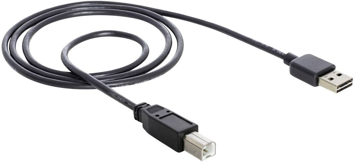 Een zwarte USB-kabel met een USB-A-aansluiting aan de ene kant en een vierkante aansluiting aan de andere kant.