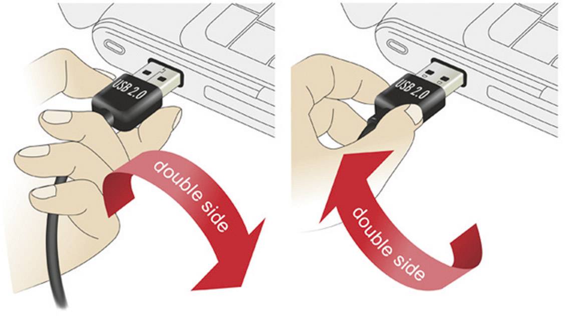 Afbeelding toont een USB-stekker die aan beide kanten in een laptop kan worden gestoken, geïllustreerd door twee rode pijlen met het bijschrift 'dubbelzijdig'.