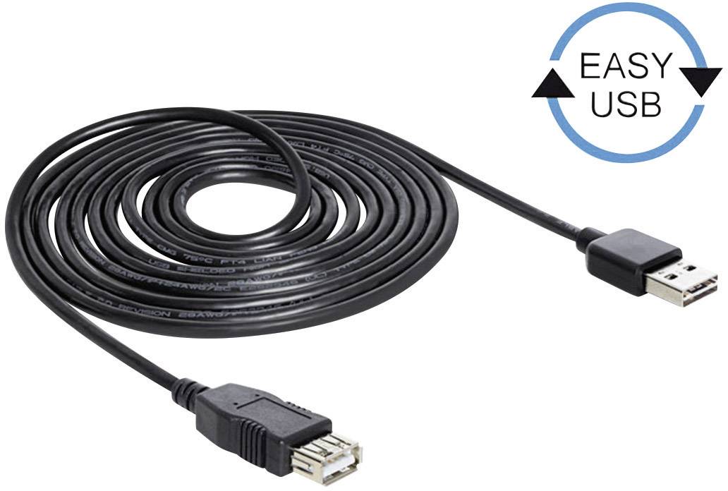 USB-verlengkabel met mannelijke en vrouwelijke connector. Cirkelvormig opgerold. Naast een symbool met de tekst 'EASY USB'.