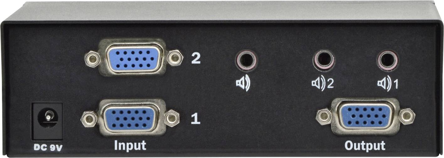 Een KVM-switch met twee VGA-ingangen en twee audio-uitgangen maakt het mogelijk om twee computers te bedienen via één monitor.