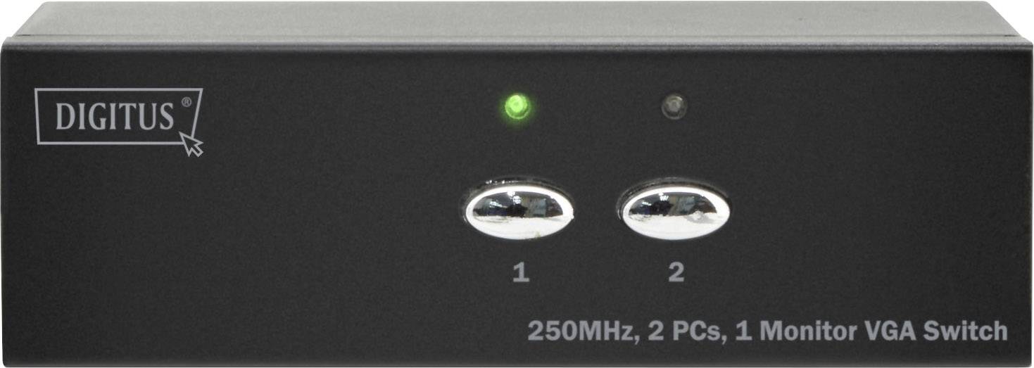 'VGA-switch met twee knoppen voor selectie tussen twee pc's, groene LED-indicator brandt. Opschrift: 250MHz, 2 pc's, 1 monitor VGA Switch.'