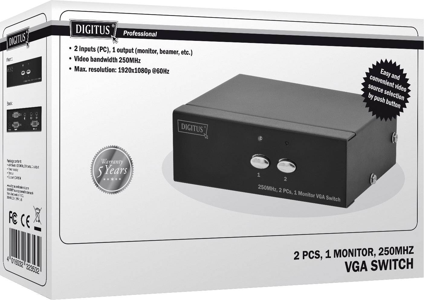 Zwart-grijze verpakking van een VGA-switch van 'Digitus' met twee ingangen en één uitgang. Max. resolutie: 1920x1080 bij 60Hz.
