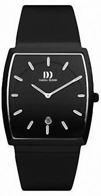 Zwart horloge met een rechthoekig wijzerblad en zilveren wijzers, zonder zichtbare cijfers, een strak, modern ontwerp.