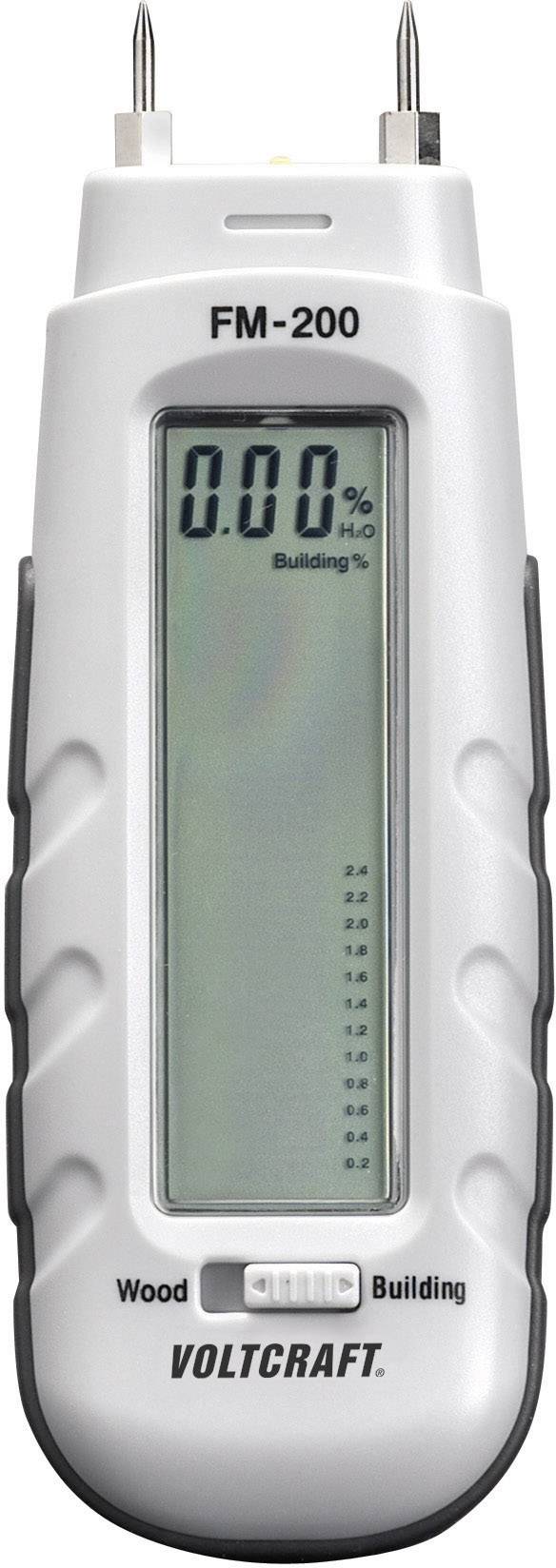 Vochtigheidsmeter voor hout en bouw, Voltcraft FM-200, toont digitale vochtigheidwaarde van 0,00% op het display.