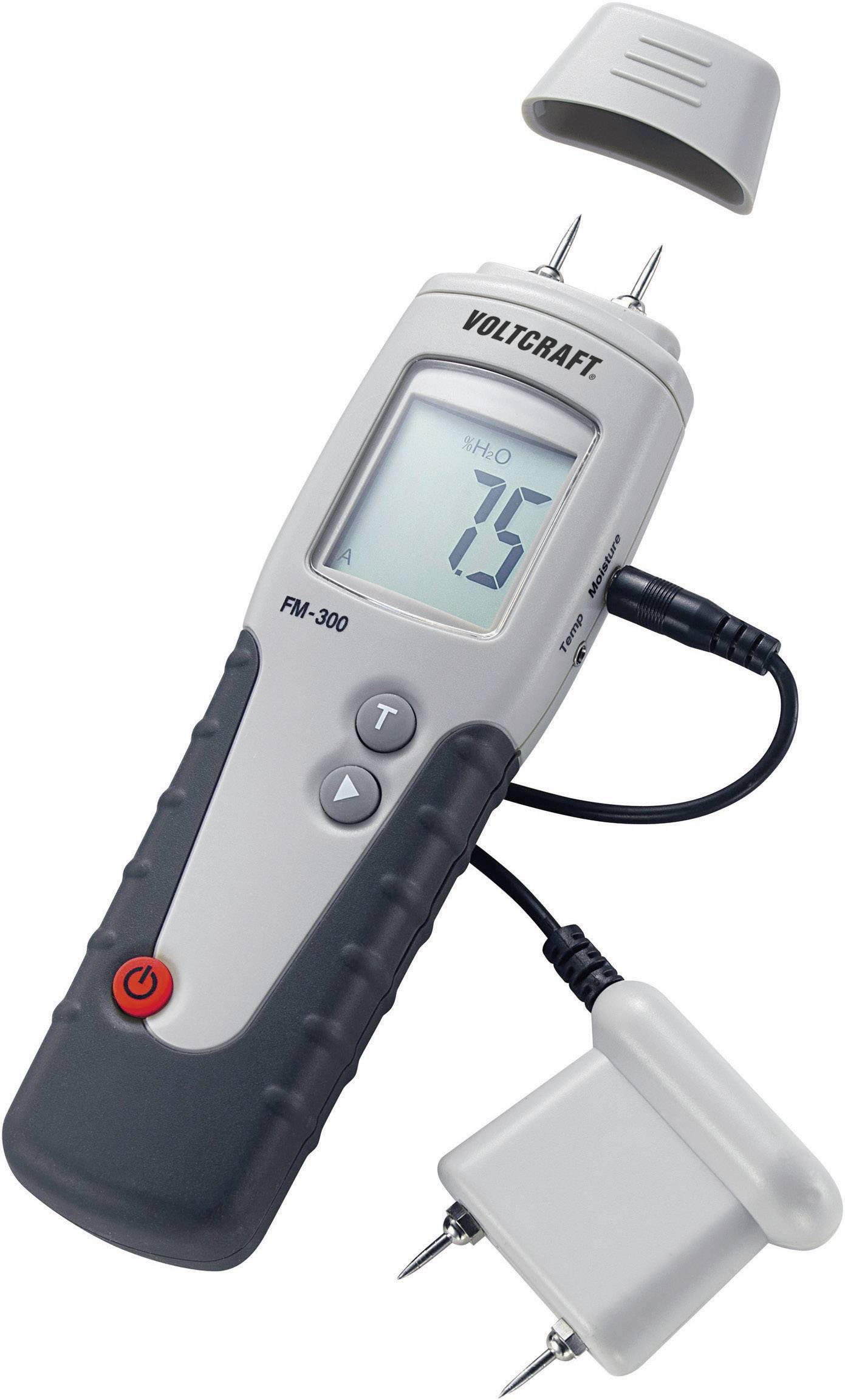 Vochtigheidsmeter met display toont waarde '15'. Twee meetpunten en beschermhoes zijn zichtbaar.