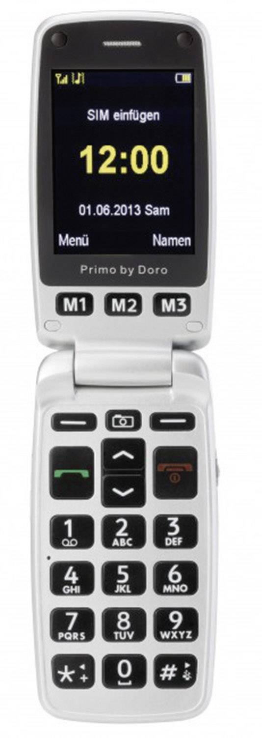 Een zilveren opvouwbare mobiele telefoon met geopend scherm toont het bericht 'SIM-kaart invoegen'. Grote toetsen met duidelijke labels: M1, M2, M3.