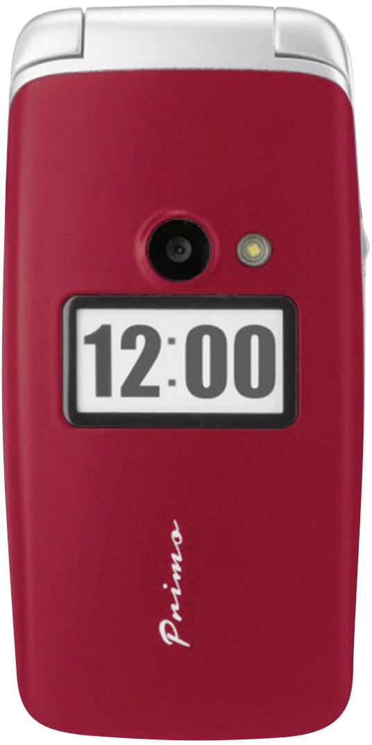 Een rode opvouwbare mobiele telefoon met een camera en een klein display aan de voorkant, waarop de tijd '12:00' wordt weergegeven.
