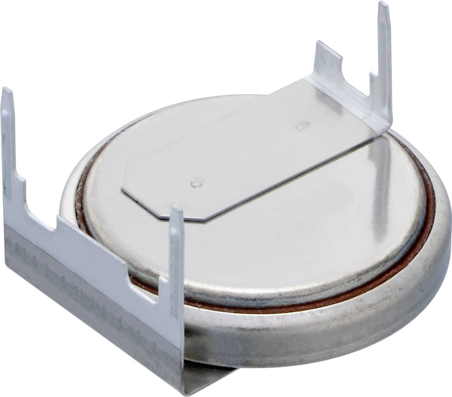 Ronde knoopcelbatterij met twee metalen contactstrips die uitsteken. Deze wordt vaak gebruikt in elektronische apparaten voor energieopslag.