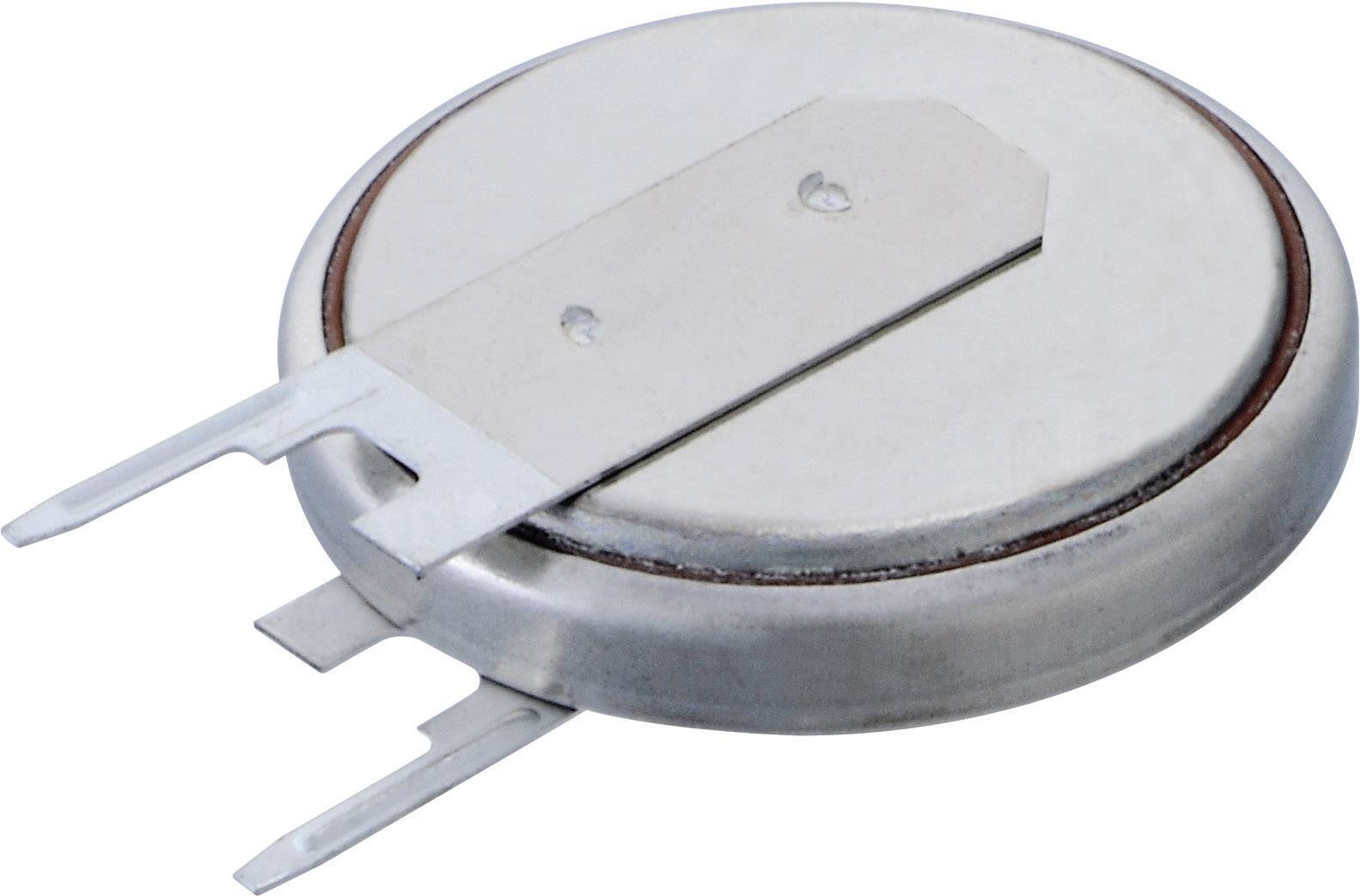 Ronde, platte knoopcelbatterij met twee metalen contactpunten aan de bovenzijde, voor elektronische toepassingen.