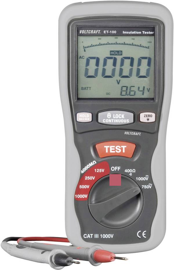 VOLTCRAFT ET-100 Isolatiemeter 125 V, 250 V, 500 V, 1000 V 400 MΩ