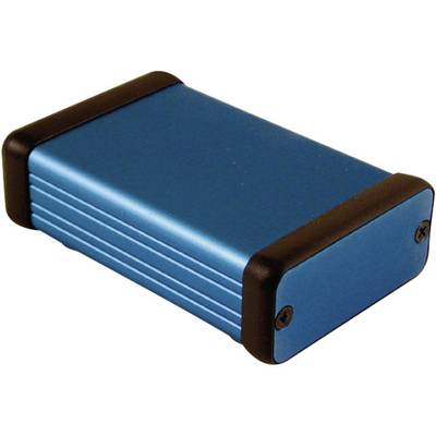 Metallig blauw elektronisch behuizing met zwarte hoekbeschermers en schroeven aan de zijkanten.